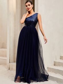 LOVE&LEMONADE 亮片拼接單肩網紗邊正式連衣裙 - 藏蓝色 - 查看 5