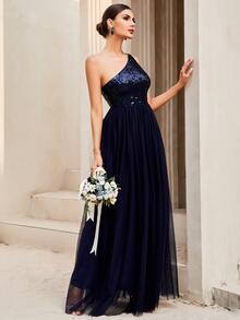 LOVE&LEMONADE 亮片拼接單肩網紗邊正式連衣裙 - 藏蓝色 - 查看 4