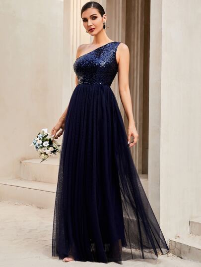 LOVE&LEMONADE Contrast Sequin One Shoulder Mesh Hem Formal Dress