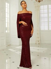 Missord 一字肩斗篷袖亮片正式連衣裙 - 紫紅色 - 查看 2