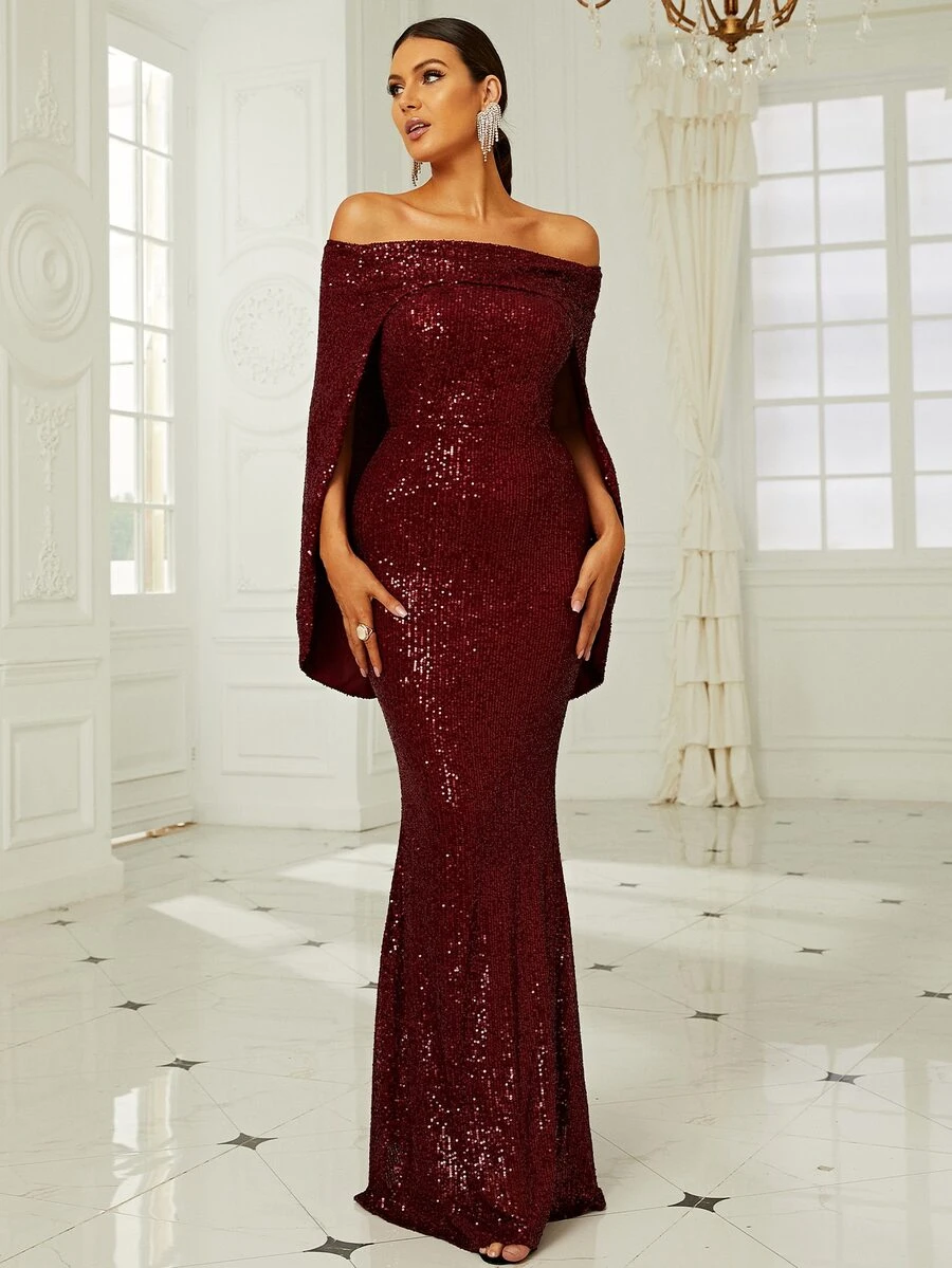 Missord 一字肩斗篷袖亮片正式連衣裙 - 紫紅色 - 查看 1