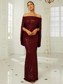 Missord 一字肩斗篷袖亮片正式連衣裙 - 紫紅色 - 查看 7