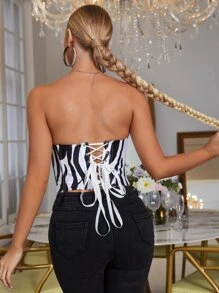 Zebra Print Rivet Lace-Up Bustier Crop Top, Sexy For Music Festival - Black and White - View 2