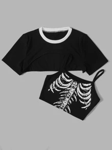 ROMWE Grunge Punk Bộ đồ hai mảnh nữ Tương phản ràng buộc Lễ Các Thánh Giải trí - Nhiều màu - Xem 2
