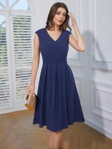 V Neck Fold Pleated Dress - Navy Blue - View 1