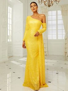 Missord Đầm Bất đối xứng Vắt Dây kéo màu trơn Hấp dẫn - Màu vàng - Xem 4