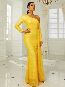 Missord Đầm Bất đối xứng Vắt Dây kéo màu trơn Hấp dẫn - Màu vàng - Xem 5