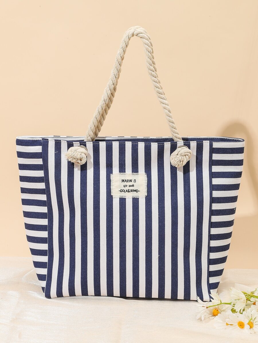 Lightweight, Portable Casual, Fashion Striped Print Letter Patch Decor Shoulder Tote Bag For Girls, Women, College Students, Rookies & White-collar Workers For Fall, Winter Essential, For Work, Office, Commute, College, For Autumn & Winter, Outdoors - Multicolor - View 1