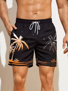 Surfspeed Men's Summer Vacation Coconut Tree Print Drawstring Waist Beach Shorts - Black - View 1