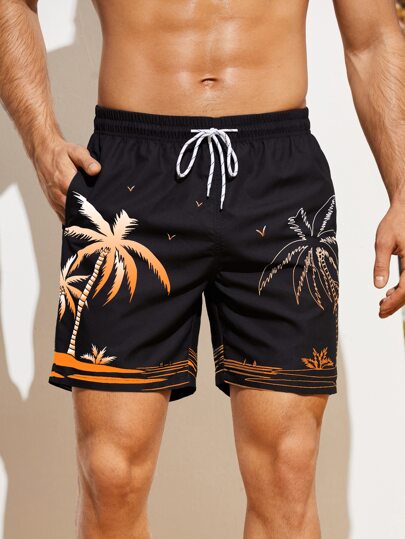 Manfinity KASUA Guys Tropical Print Drawstring Waist Swim Trunks