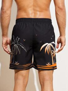 Surfspeed Men's Summer Vacation Coconut Tree Print Drawstring Waist Beach Shorts - Black - View 2