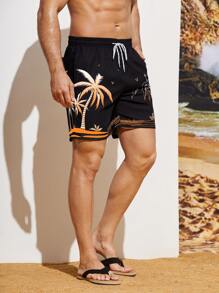 Surfspeed Men's Summer Vacation Coconut Tree Print Drawstring Waist Beach Shorts - Black - View 3