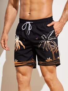 Surfspeed Men's Summer Vacation Coconut Tree Print Drawstring Waist Beach Shorts - Black - View 5