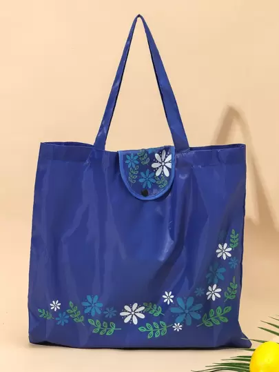 1 pieza Bolsa de compras reutilizable con estampado floral, bolsa plegable de gran capacidad con asas largas, adecuada para comestibles y ropa (Azul)