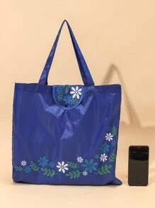 1个可重复使用的印花购物袋，大容量可折叠手提袋，带长提手，适合装杂货和衣物（蓝色） - 寶藍色 - 查看 3