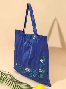 1个可重复使用的印花购物袋，大容量可折叠手提袋，带长提手，适合装杂货和衣物（蓝色） - 寶藍色 - 查看 6