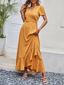 SHEIN VCAY Ditsy Floral Print Knot Wrap Dress - Yellow - View 6