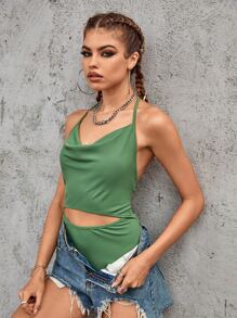 SHEIN Unity Rib-knit Tie Backless Draped Cut Out Halter Bodysuit - Green - View 1
