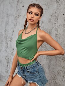 SHEIN Unity Rib-knit Tie Backless Draped Cut Out Halter Bodysuit - Green - View 4