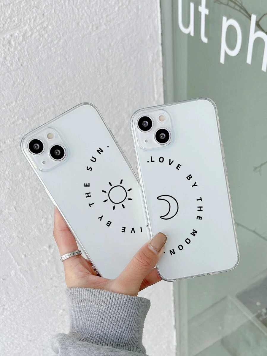 2 piezas Funda de teléfono transparente con diseño de luna y sol - Multicolor - Ver 1