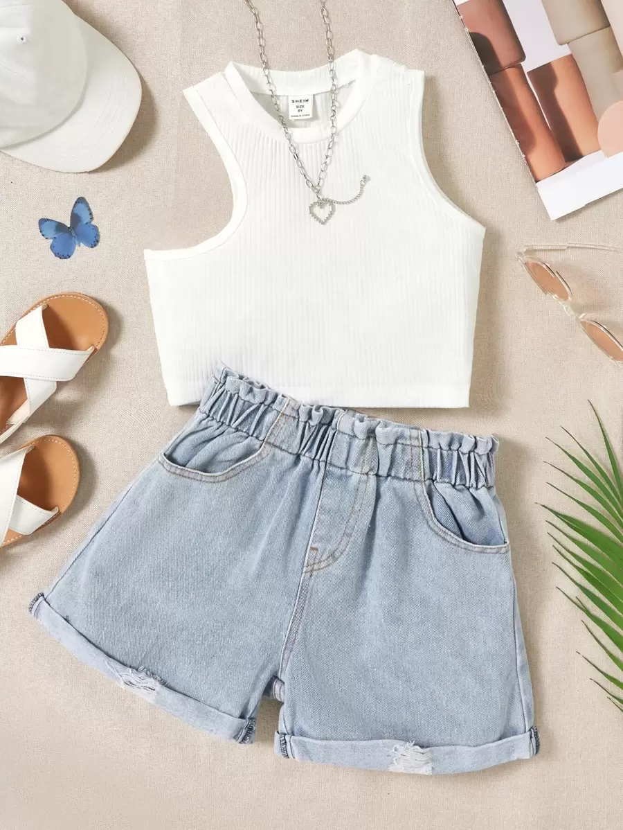 Tween Girl Rib Knit Tank Top & Ripped Denim Shorts