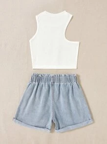Tween Girl Rib Knit Tank Top & Ripped Denim Shorts