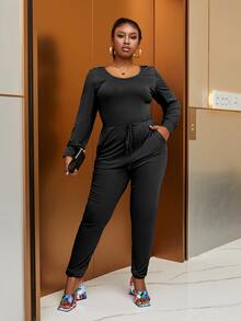 大碼腰部抽繩鏤空連身褲 - 黑色 - 查看 1