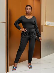 大碼腰部抽繩鏤空連身褲 - 黑色 - 查看 3