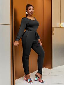 大碼腰部抽繩鏤空連身褲 - 黑色 - 查看 5