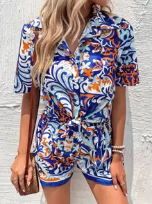 Floral Print Button Through Shirt & Wide Leg Shorts - Multicolor - View 1