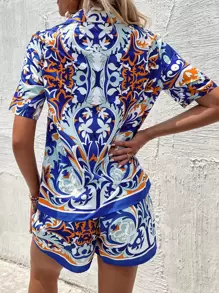 Floral Print Button Through Shirt & Wide Leg Shorts - Multicolor - View 2