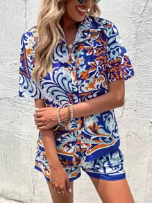 Floral Print Button Through Shirt & Wide Leg Shorts - Multicolor - View 3