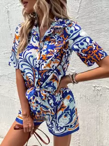 Floral Print Button Through Shirt & Wide Leg Shorts - Multicolor - View 4