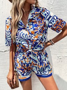 Floral Print Button Through Shirt & Wide Leg Shorts - Multicolor - View 5