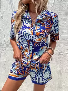 Floral Print Button Through Shirt & Wide Leg Shorts - Multicolor - View 6