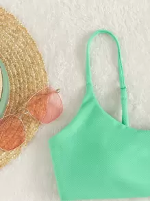 Top de bikini con tirantes de espagueti texturizados, perfecto para vacaciones de verano en la playa - verde menta - Ver 4