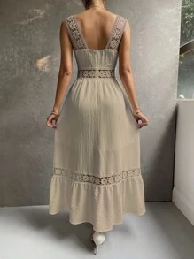 SHEIN Holidaya Đầm Tương phản ren Viên lá sen Dây kéo màu trơn Boho - Màu be - Xem 2
