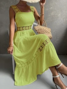 SHEIN VCAY Guipure Lace Insert Ruffle Hem Dress - Lime Green - View 1