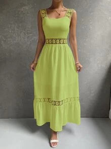 SHEIN VCAY Guipure Lace Insert Ruffle Hem Dress - Lime Green - View 3