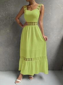 SHEIN VCAY Guipure Lace Insert Ruffle Hem Dress - Lime Green - View 4