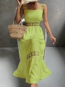 SHEIN VCAY Guipure Lace Insert Ruffle Hem Dress - Lime Green - View 5