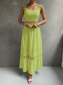 SHEIN VCAY Guipure Lace Insert Ruffle Hem Dress - Lime Green - View 6
