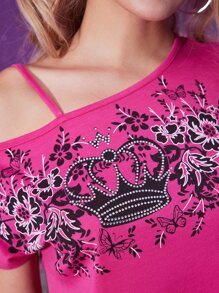 ROMWE Camiseta corta floral & con estampado de corona con diamante de imitación de cuello asimétrico - Rosa - Ver 3