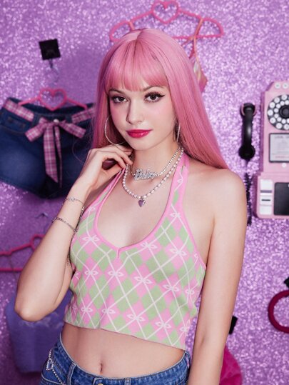 Argyle Pattern Tie Backless Knit Top