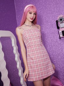 Sweetness Plaid Tie Shoulder Dress - Pink - View 4