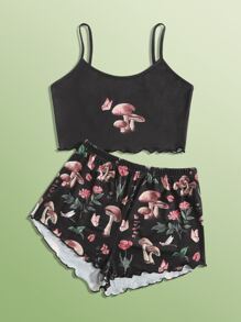 ROMWE Fairycore Bộ đồ ngủ Nữ Xù nhỏ Thực vật Dễ thương - màu đen - Xem 1