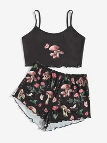 ROMWE Fairycore Bộ đồ ngủ Nữ Xù nhỏ Thực vật Dễ thương - màu đen - Xem 4