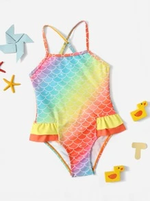 Toddler Girls Ombre And Fish Scale Print  Ruffle Trim Criss Cross One Piece Swimsuit - Multicolor - View 3