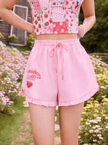 ROMWE Kawaii Letter Strawberry Graphic Frill Drawstring Shorts - Baby Pink - View 1
