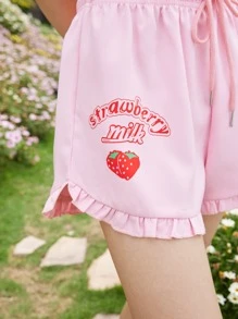 ROMWE Kawaii Letter Strawberry Graphic Frill Drawstring Shorts - Baby Pink - View 3